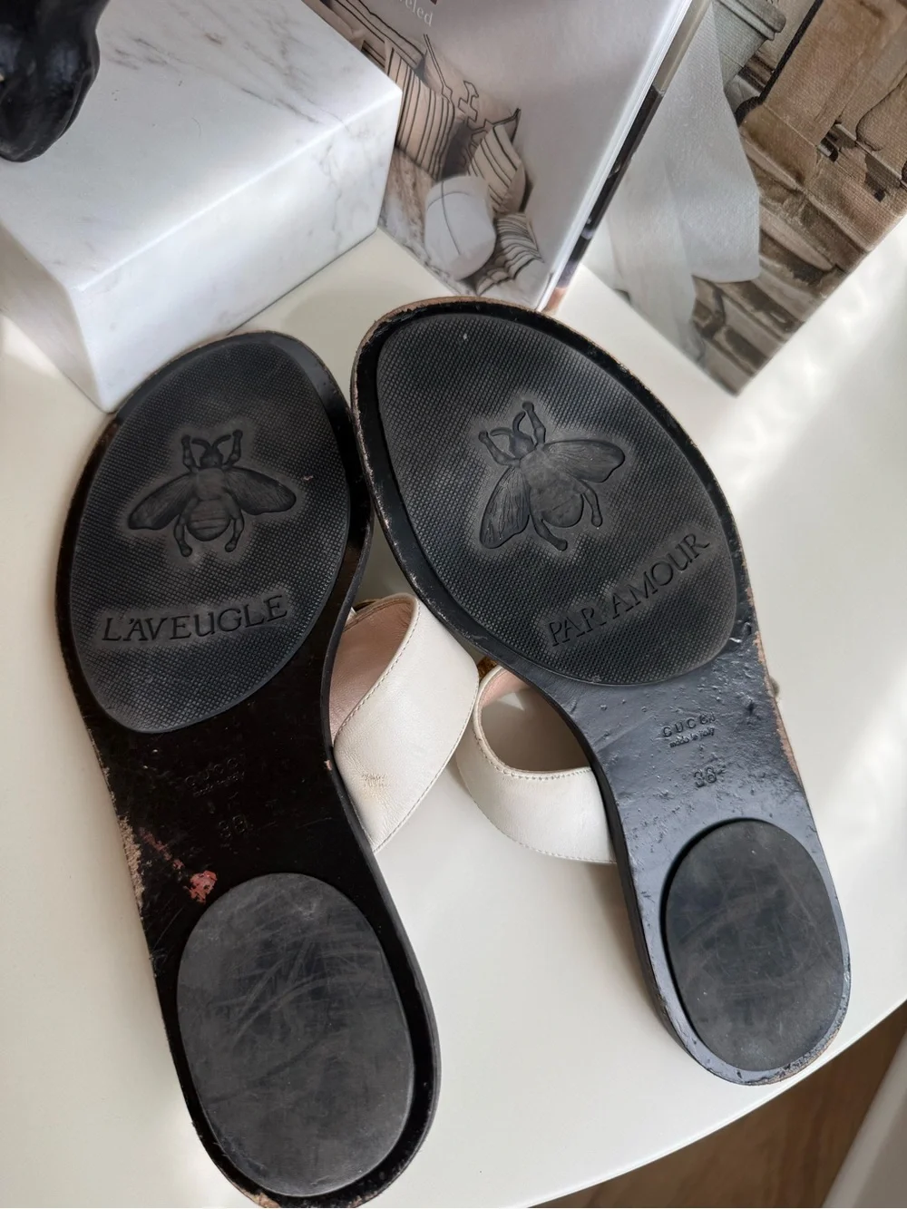 Gucci White Leather Thong Sandals with Gold Double G Accent - Picture 7 of 7